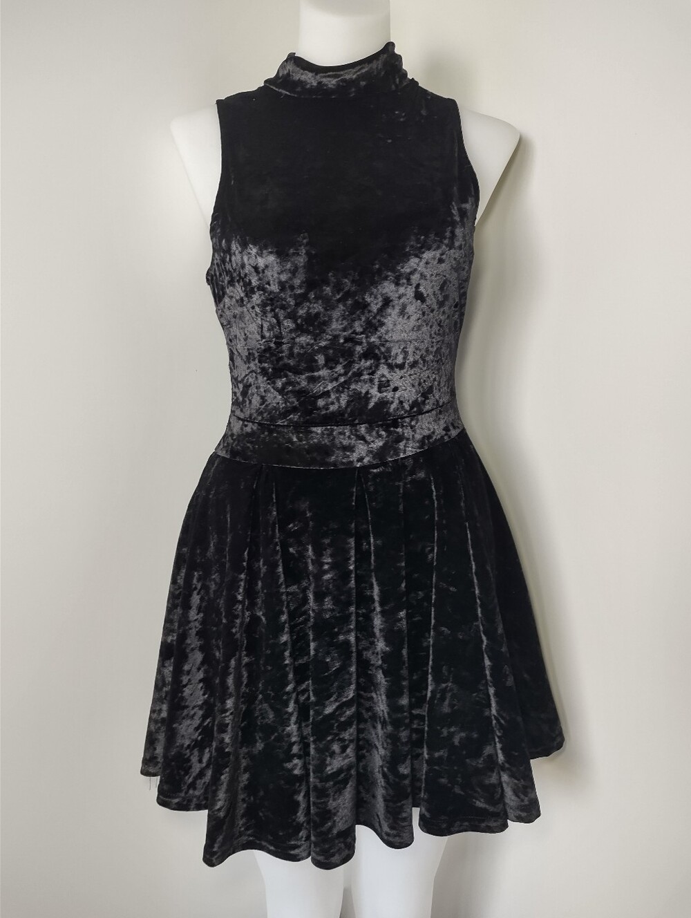 Revamped Black Crushed Velvet Mock Neck Skater Romper Dress - Picture 2 of 12
